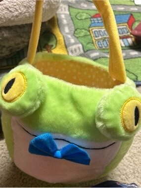 Green Frog Plush Easter/ Treat Basket with Blue Bow